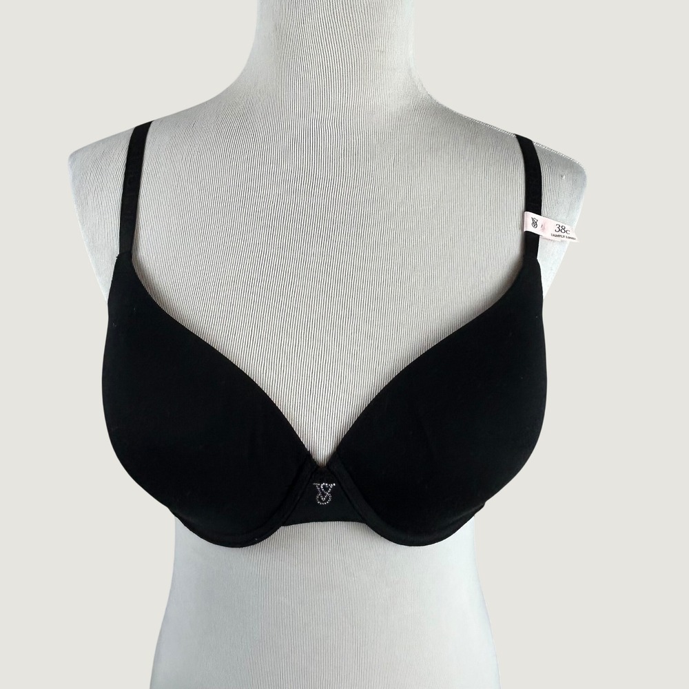 Victoria's Secret Black T-Shirt Lightly Lined Demi Bra 38C Rhinestone Logo NWT
